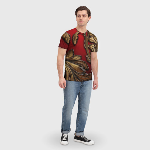 Мужская футболка 3D Золотые объемные листья на красном фоне, цвет 3D печать - фото 5