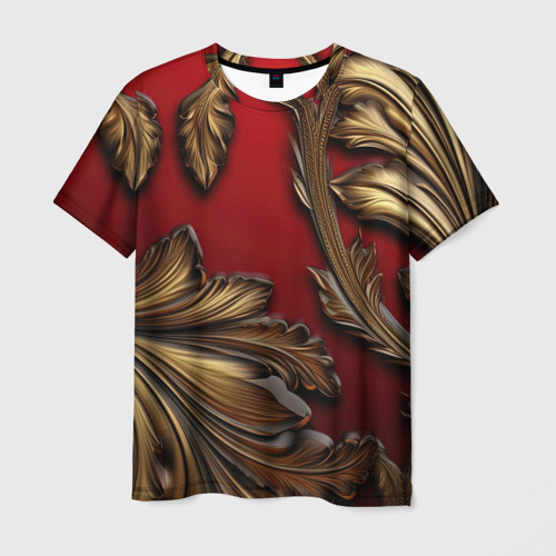 Мужская футболка 3D Золотые объемные листья на красном фоне, цвет 3D печать