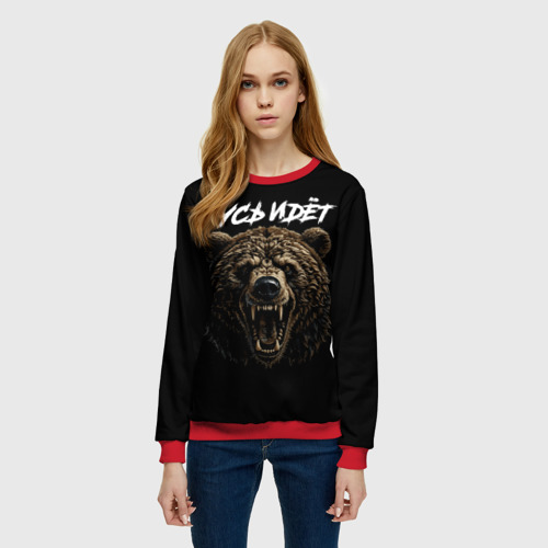 Женский свитшот 3D с принтом Медведь русич - русь идёт, фото на моделе #1