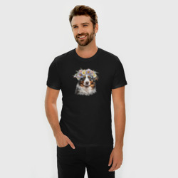 Мужская футболка хлопок Slim Австралийская овчарка аусси в цветочном венке - фото 2