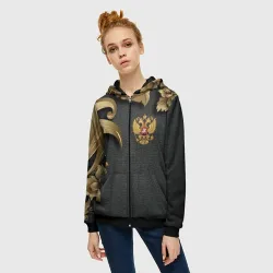 Женская толстовка 3D на молнии Золотой герб России и объемные узоры - фото 2