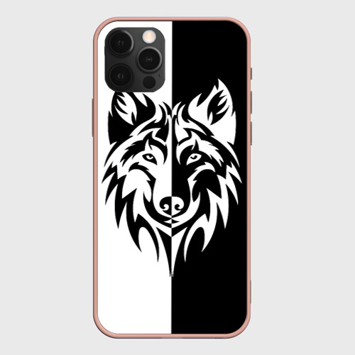 Чехол для iPhone 12 Pro Max с принтом Волк чёрно-белый, вид спереди #2