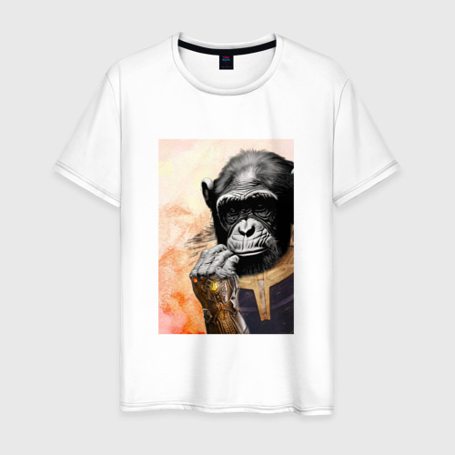 Мужская футболка из хлопка с принтом Арт - задумчивая обезьяна, вид спереди №1