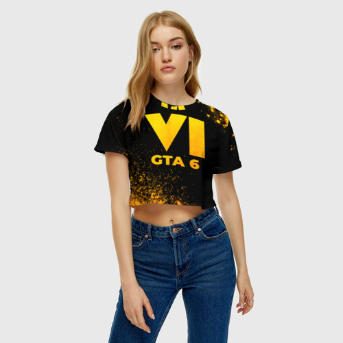 Женская футболка Crop-top 3D GTA 6 - gold gradient, цвет 3D печать - фото 3