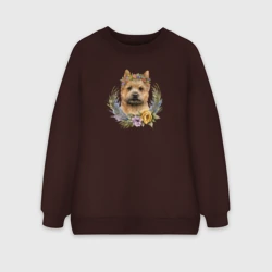 Женский свитшот oversize без начеса хлопок Норвич-терьер в цветочном венке