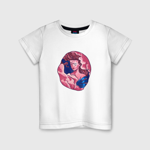 Детская футболка из хлопка с принтом Девушка парящая в облаках, вид спереди №1