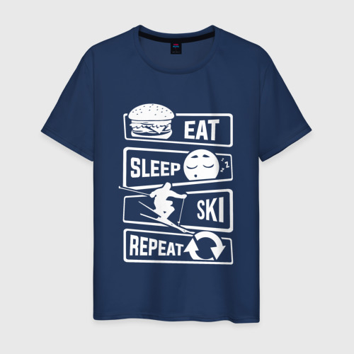 Мужская футболка из хлопка с принтом Еда сон лыжи, вид спереди №1
