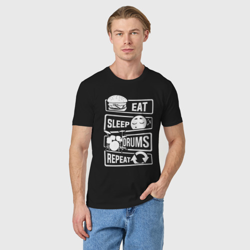 Мужская футболка хлопок Еда сон барабаны, цвет черный - фото 3