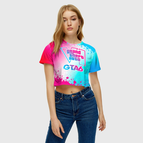 Женская футболка Crop-top 3D GTA6 neon gradient style, цвет 3D печать - фото 4