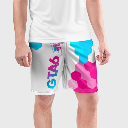 Мужские шорты спортивные с принтом GTA6 neon gradient style по-вертикали, фото на моделе #1