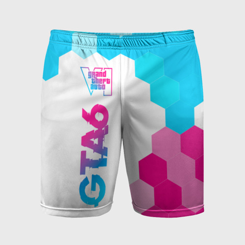 Мужские шорты спортивные с принтом GTA6 neon gradient style по-вертикали, вид спереди #2