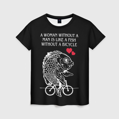 Женская футболка с принтом Рыба феминистка едет на велосипеде, вид спереди №1