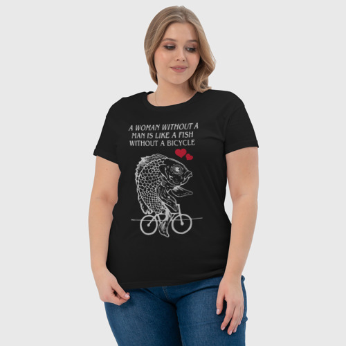 Женская футболка хлопок Рыбка едет на велосипеде, цвет черный - фото 6