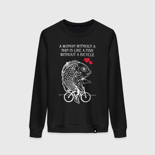 Женский свитшот хлопок Рыбка едет на велосипеде, цвет черный