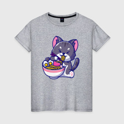 Котик кушает рамэн – Женская футболка хлопок с принтом купить со скидкой в -20%