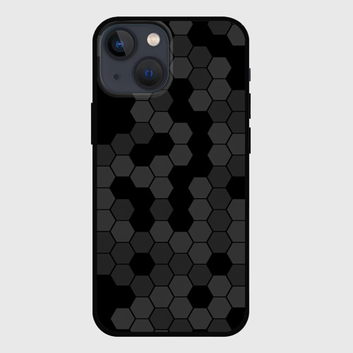 Чехол для iPhone 13 mini с принтом Камуфляж гексагон черный, вид спереди #2