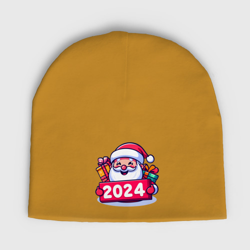 Детская шапка демисезонная  С Новым 2024 годом, цвет горчичный