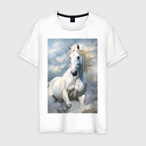 Мужская футболка из хлопка с принтом Белая лошадь на фоне неба, вид спереди №1