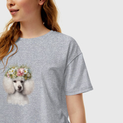 Женская футболка хлопок Oversize Пудель белый в цветочном венке - фото 2