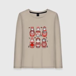 Женский лонгслив хлопок Шесть матрешек в стиле мезенской росписи