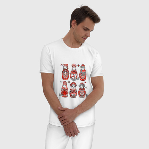 Мужская пижама хлопок с принтом Шесть матрешек в стиле мезенской росписи, фото на моделе #1