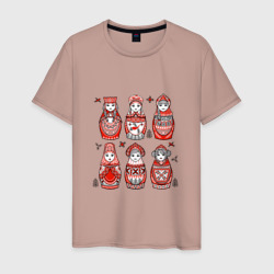 Мужская футболка хлопок Шесть матрешек в стиле мезенской росписи