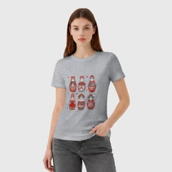 Женская футболка хлопок Шесть матрешек в стиле мезенской росписи