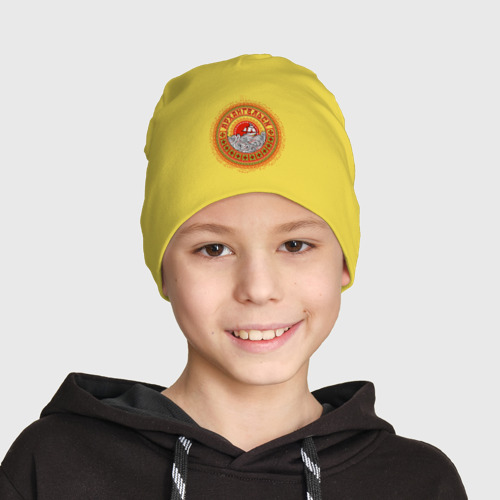 Детская шапка демисезонная Архангельск - круглый мотив в стиле мезенской росписи, цвет желтый - фото 3