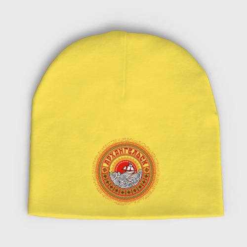 Детская шапка демисезонная Архангельск - круглый мотив в стиле мезенской росписи, цвет желтый