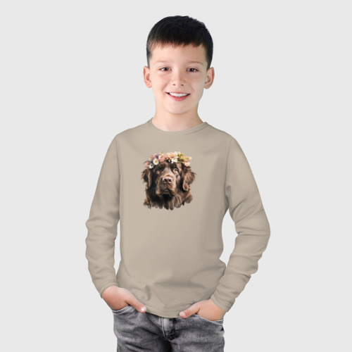 Детский лонгслив хлопок Ньюфаундленд шоколадный в цветах, цвет миндальный - фото 3