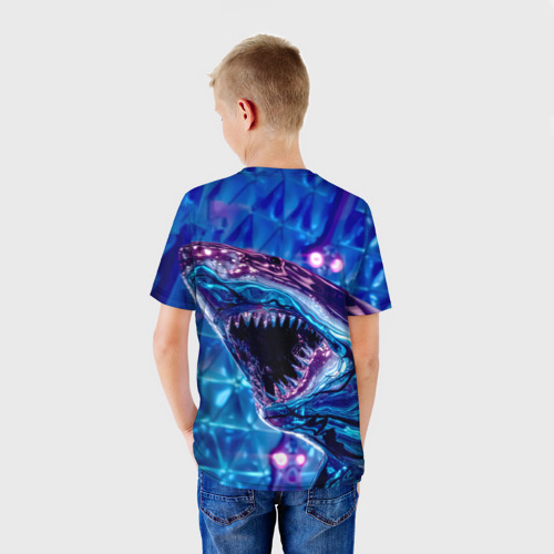 Детская футболка 3D с принтом Фиолетовая акула, вид сзади #2