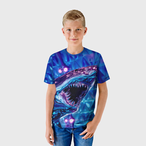 Детская футболка 3D с принтом Фиолетовая акула, фото на моделе #1