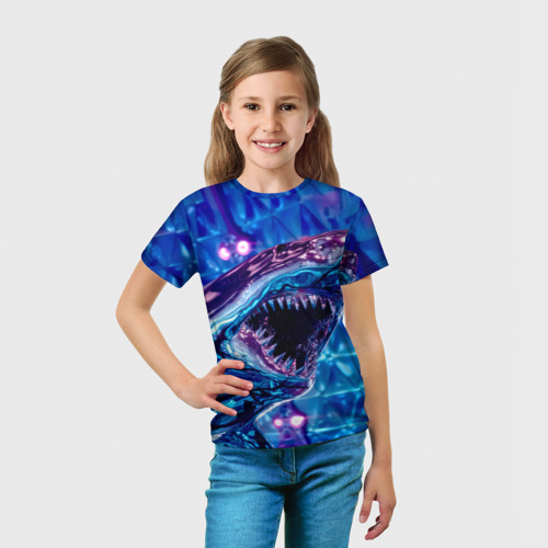 Детская футболка 3D с принтом Фиолетовая акула, вид сбоку #3