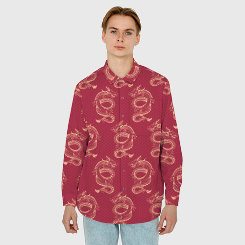 Мужская рубашка oversize 3D с принтом Китайский дракон на красном фоне, фото на моделе #1