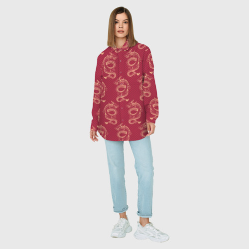 Женская рубашка oversize 3D с принтом Китайский дракон на красном фоне, вид сбоку #3