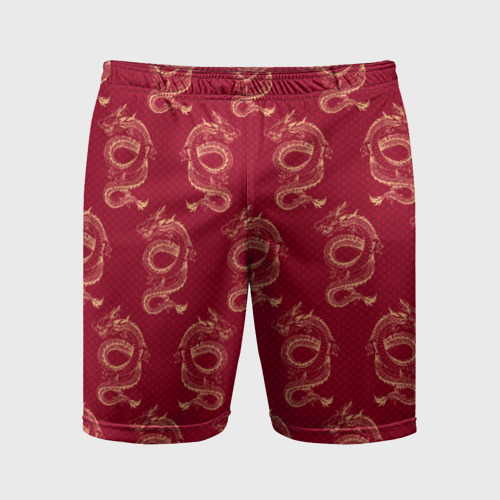 Мужские шорты спортивные с принтом Китайский дракон на красном фоне, вид спереди #2