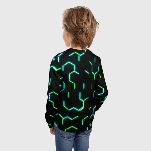 Детский лонгслив 3D Зеленые неоновые неполные гексагоны, цвет 3D печать - фото 4