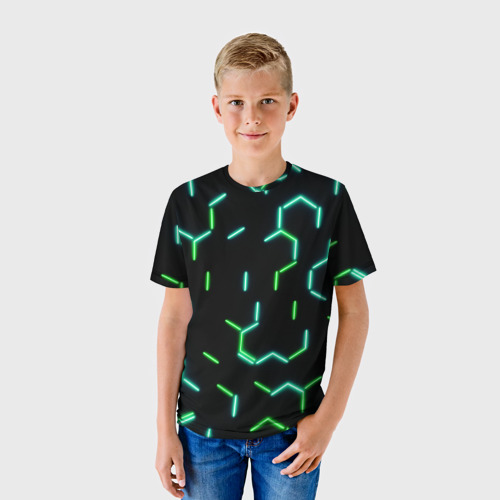Детская футболка 3D Зеленые неоновые неполные гексагоны, цвет 3D печать - фото 3