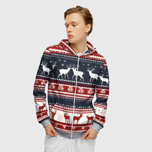 Мужская толстовка 3D на молнии Олени белые и красные свитер новогодний, цвет меланж - фото 3