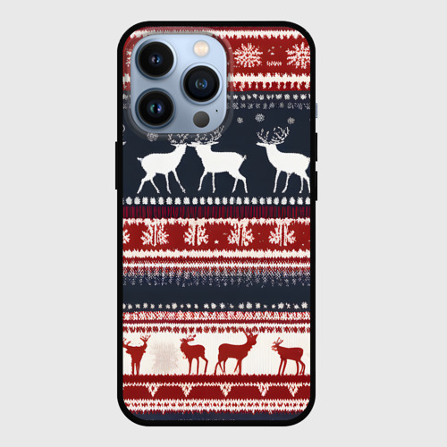 Чехол для iPhone 13 Pro Олени белые и красные свитер новогодний, цвет черный