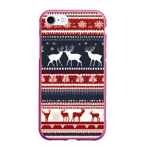 Чехол для iPhone 7/8 матовый с принтом Олени белые и красные свитер новогодний, вид спереди #2
