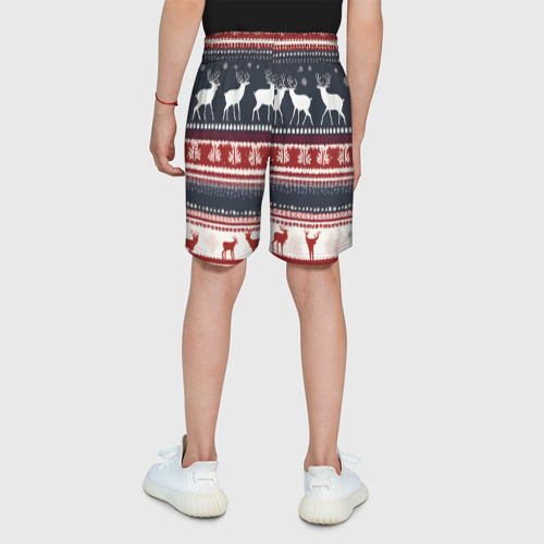 Детские спортивные шорты 3D с принтом Олени белые и красные свитер новогодний, вид сзади #2