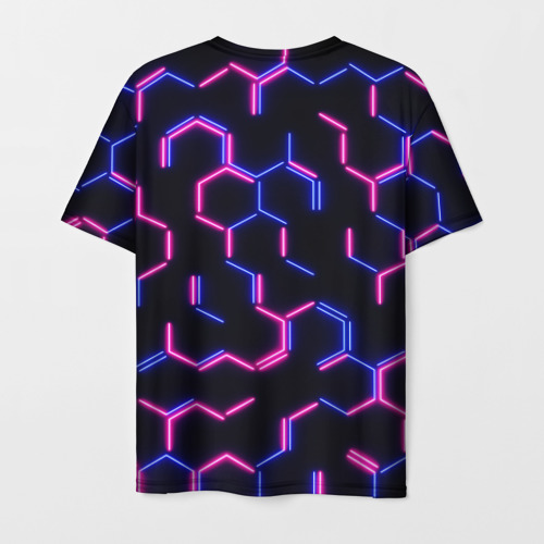 Мужская футболка 3D Сине-розовые неоновые неполные гексагоны, цвет 3D печать - фото 2