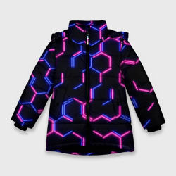 Зимняя куртка для девочек 3D Сине-розовые неоновые неполные гексагоны
