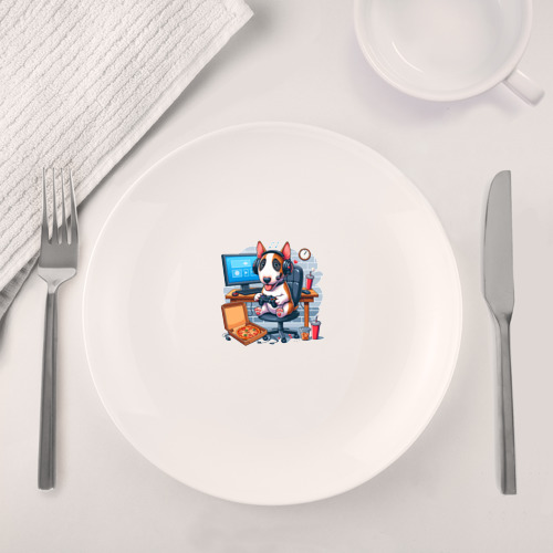 Набор: тарелка + кружка Щенок бультерьера за компьютерной игрой - фото 4