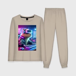 Женская пижама с лонгсливом хлопок Капибара игроман - неоновое свечение