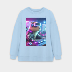 Женский свитшот oversize без начеса хлопок Капибара игроман - неоновое свечение