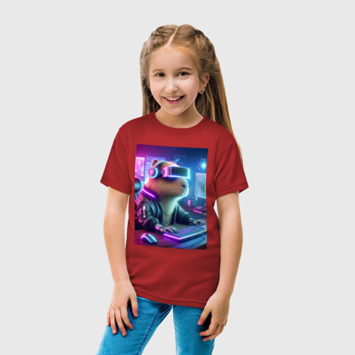 Детская футболка хлопок Капибара игроман - неоновое свечение, цвет красный - фото 5
