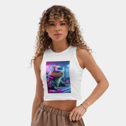 Женская укороченная майка-топ хлопок Капибара игроман - неоновое свечение - фото 2