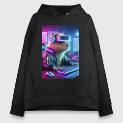 Женское худи Oversize хлопок Капибара игроман - неоновое свечение